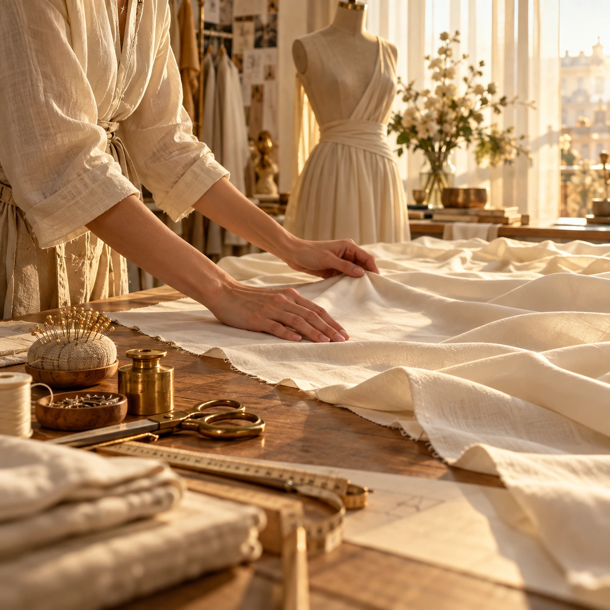 Fabric and a dress form in a sunlit atelier