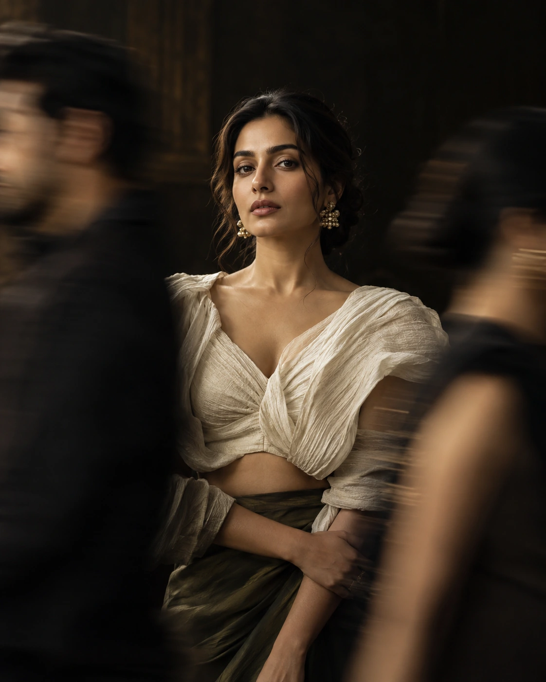 A woman standing still among a moving crowd