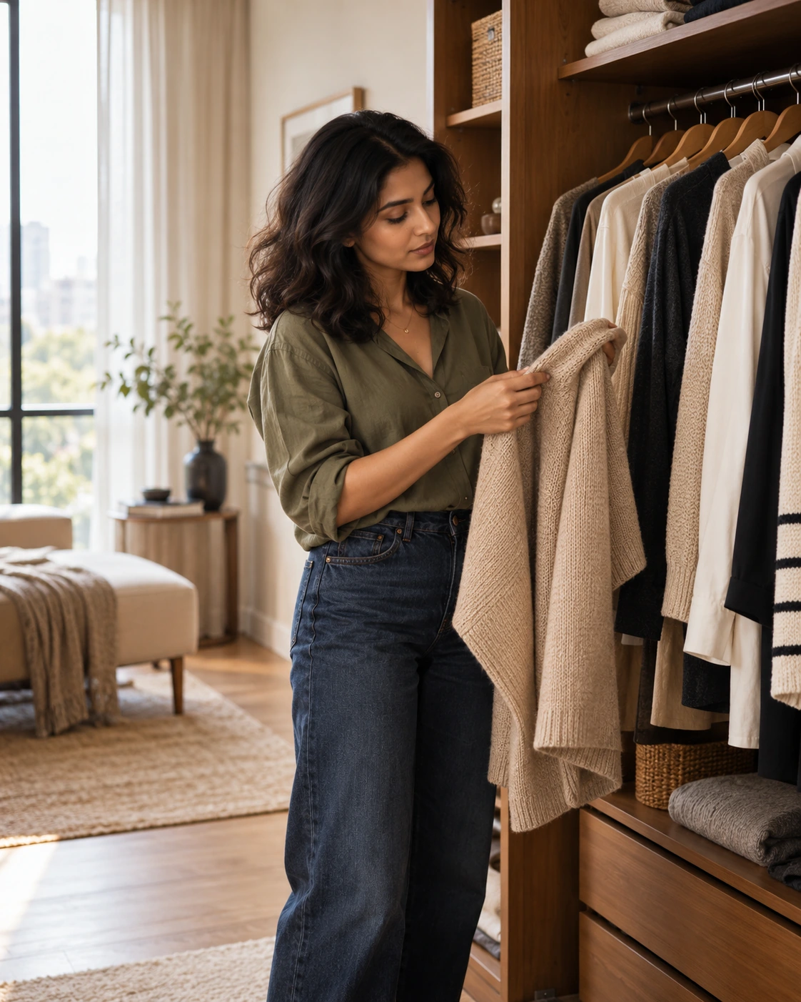 A woman choosing clothes from her wardrobe